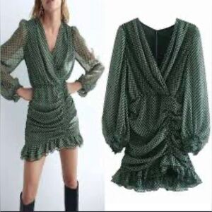NWT Zara draped ruched mini dress gold thread green size XS long sleeve...